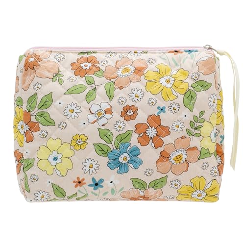 PAZIMIIK Make-up-Tasche aus Baumwolle für Damen, groß, gesteppt, Reise-Kosmetik, Beutel-Floral Orange, Natrual von PAZIMIIK