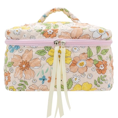 PAZIMIIK Make-up-Tasche aus Baumwolle für Damen, groß, gesteppt, Reise-Kosmetik, Tasche-Floral Orange, Natrual von PAZIMIIK