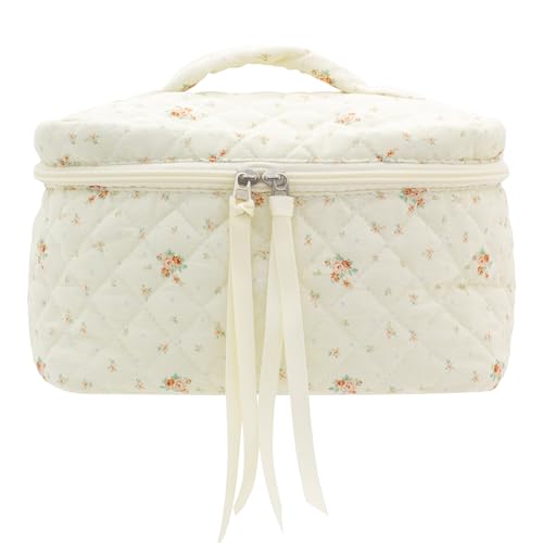 PAZIMIIK Make-up-Tasche aus Baumwolle für Damen, groß, gesteppt, Reise-Kosmetik, Tasche-Floral White, Natrual von PAZIMIIK