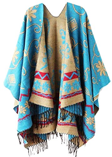 PB-SOAR Damen Doppelseitiger Poncho Cape Umhang Blumenmuster Schal Überwurf Cape mit Fransen von PB-SOAR