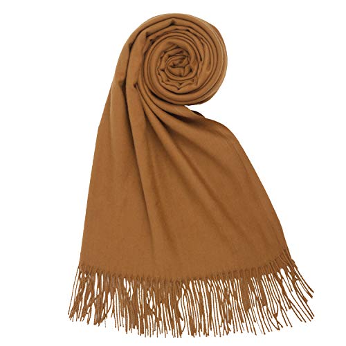 PB-SOAR Damen Herren XXL Einfarbiger Schal für Winter, Schals Winterschal Damenschal Halstuch Pashmina Stola mit Fransen, 18 Farben auswählbar (Cognac) von PB-SOAR