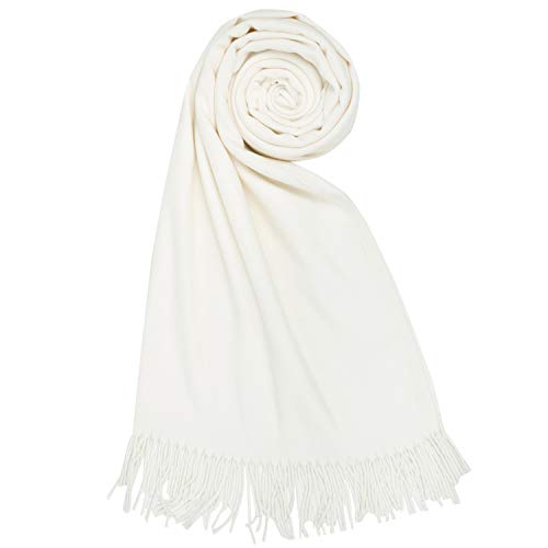 PB-SOAR Damen Herren XXL Einfarbiger Schal für Winter, Schals Winterschal Damenschal Halstuch Pashmina Stola mit Fransen, 18 Farben auswählbar (Creme Weiß) von PB-SOAR