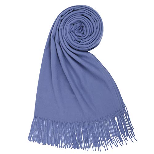 PB-SOAR Damen Herren XXL Einfarbiger Schal für Winter, Schals Winterschal Damenschal Halstuch Pashmina Stola mit Fransen, 18 Farben auswählbar (Denimblau) von PB-SOAR
