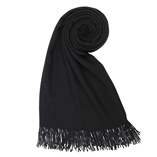 PB-SOAR Damen Herren XXL Einfarbiger Schal für Winter, Schals Winterschal Damenschal Halstuch Pashmina Stola mit Fransen, 18 Farben auswählbar (Schwarz) von PB-SOAR