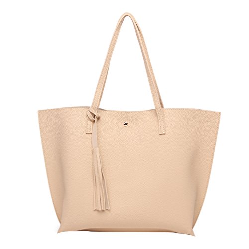 PB-SOAR Damen Mädchen Fashion Shopper Schultertasche Schulterbeutel Henkeltasche Handtasche Einkaufstasche aus Kunstleder 36x30x11cm (B x H x T) (Beige) von PB-SOAR