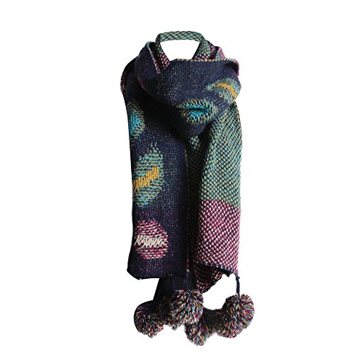 PB-SOAR Damen Strickschal Warmer Schal Halstuch mit bunten Punkten und abnehmbaren Bommeln 180 x 38cm (Dunkelblau) von PB-SOAR