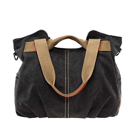 PB-SOAR Damen Vintage Canvas Handtasche Schultertasche Umhängetasche Henkeltasche 30 x 25 x 14cm(B x H x T) (Schwarz) von PB-SOAR