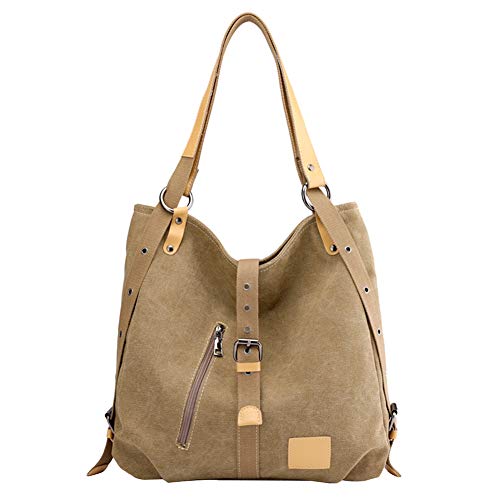 PB-SOAR Damen Vintage Canvas Schultertasche Rucksack Handtasche Freizeittasche Shopper Hobo Tasche Rucksackhandtasche Vielseitige Tasche (Khaki) von PB-SOAR