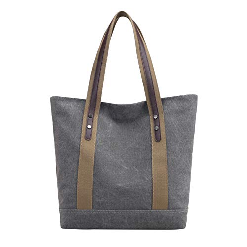 PB-SOAR Damen Vintage Canvas Shopper Schultertasche Handtasche Beuteltasche Einkaufstasche 32x36x12cm (B x H x T) (Grau) von PB-SOAR