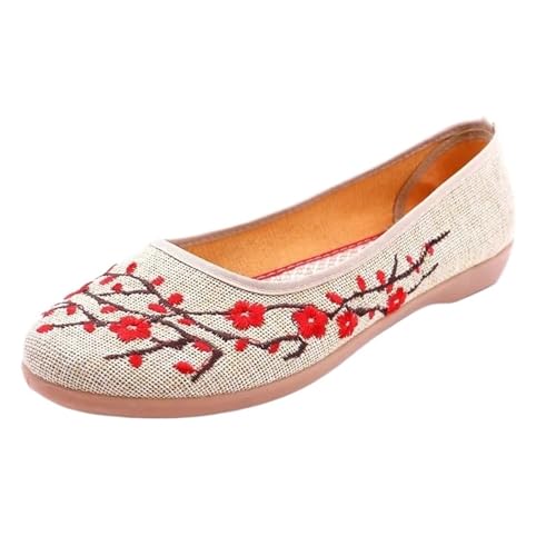Damen-Loafer, Bestickt, Flache Schuhe for Damen, Tanzschuhe, Slip-On, runde Zehenpartie, Canvas, bequem, Lehrer(Beige,39EU) von PBHGMGEBLV
