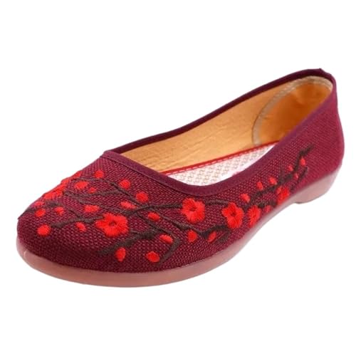 Damen-Loafer, Bestickt, Flache Schuhe for Damen, Tanzschuhe, Slip-On, runde Zehenpartie, Canvas, bequem, Lehrer(Red,38EU) von PBHGMGEBLV