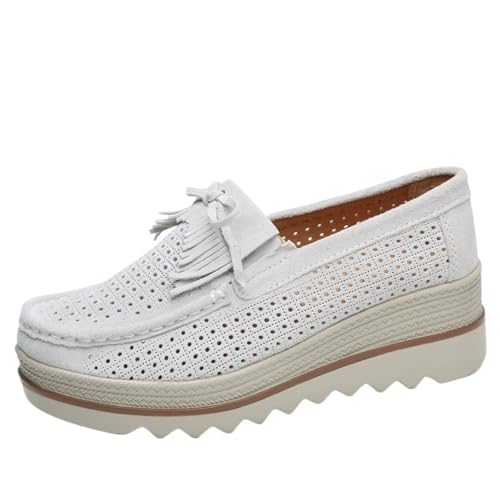 PBHGMGEBLV Damenschuhe Flats Casual Slip On Creepers Braun Loafer Flat(White,40EU) von PBHGMGEBLV