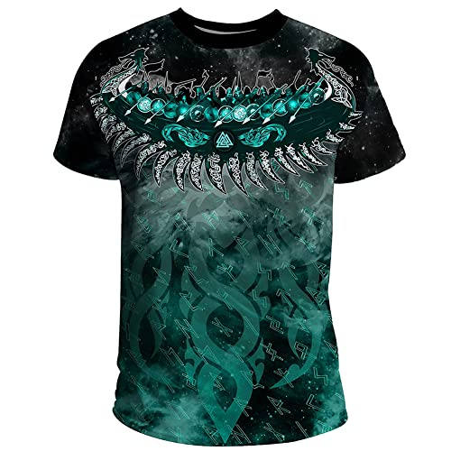 Atmungsaktiv Mesh Wikinger Grafik T-Shirt, Nordische Mythologie Amulett Symbol 3D Druck Sommer Schnelltrocken Kurzärmelig für Männer Sport Trikot,Viking Ships,M von PBTMCD