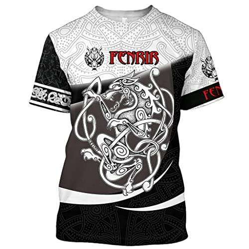 Männer 3D Tätowierung Druck Fenrir Wolf Wikinger T-Shirt, Sommer Strand Schnelltrocken Tier Kurze Ärmel Atmungsaktives Mesh Straße Sport Trikot,Style 1,3XL von PBTMCD