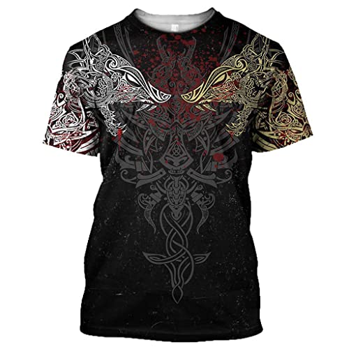 Männer 3D Tätowierung Druck Fenrir Wolf Wikinger T-Shirt, Sommer Strand Schnelltrocken Tier Kurze Ärmel Atmungsaktives Mesh Straße Sport Trikot,Style 7 red,XL von PBTMCD