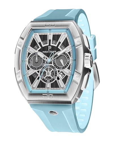 PC PARAS CROWN Uhren Herren Chronograph Quarzuhr mit Japanischem Uhrwerk 5ATM Edelstahl Tonneau-Gehäuse Silikonarmband von PC PARAS CROWN