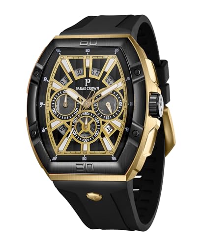 PC PARAS CROWN Uhren Herren Chronograph Quarzuhr mit Japanischem Uhrwerk 5ATM Edelstahl Tonneau-Gehäuse Silikonarmband von PC PARAS CROWN