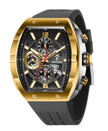 PC PARAS CROWN Uhren Herren Chronograph Quarzuhr mit Japanischem Uhrwerk 5ATM Edelstahl Tonneau-Gehäuse Silikonarmband von PC PARAS CROWN