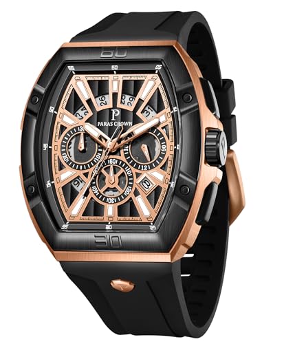 PC PARAS CROWN Uhren Herren Chronograph Quarzuhr mit Japanischem Uhrwerk 5ATM Edelstahl Tonneau-Gehäuse Silikonarmband von PC PARAS CROWN
