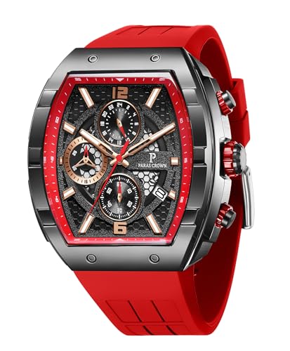 PC PARAS CROWN Uhren Herren Chronograph Quarzuhr mit Japanischem Uhrwerk 5ATM Edelstahl Tonneau-Gehäuse Silikonarmband von PC PARAS CROWN
