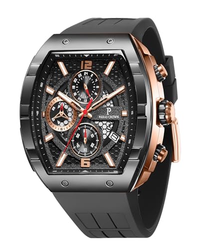 PC PARAS CROWN Uhren Herren Chronograph Quarzuhr mit Japanischem Uhrwerk 5ATM Edelstahl Tonneau-Gehäuse Silikonarmband von PC PARAS CROWN