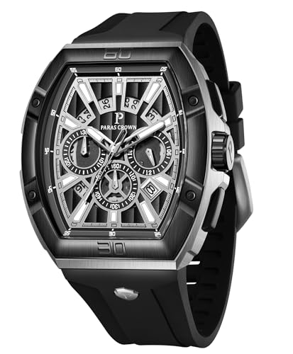 PC PARAS CROWN Uhren Herren Chronograph Quarzuhr mit Japanischem Uhrwerk 5ATM Edelstahl Tonneau-Gehäuse Silikonarmband von PC PARAS CROWN