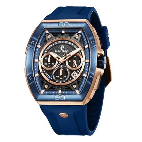 PC PARAS CROWN Uhren Herren mit Japanischem Uhrwerk 5ATM Chronograph Quarzuhr Edelstahl Tonneau-Gehäuse Herren Uhr mit Silikonarmband von PC PARAS CROWN