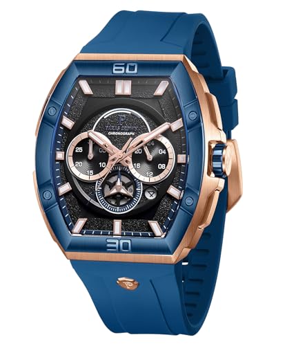 PC PARAS CROWN Uhren Herren mit Japanischem Uhrwerk 5ATM Chronograph Quarzuhr Edelstahl Tonneau-Gehäuse Herren Uhr mit Silikonarmband von PC PARAS CROWN