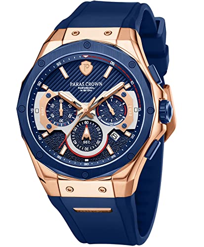 PC PARAS CROWN Uhren Herren mit Japanischem Uhrwerk 5ATM Chronograph Quarzuhr Edelstahl Tonneau-Gehäuse Herren Uhr mit Silikonarmband von PC PARAS CROWN