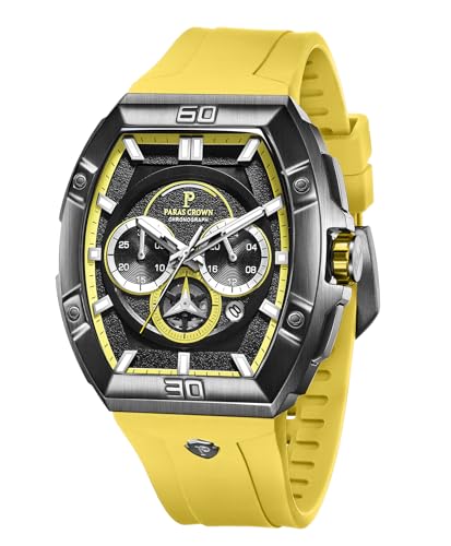 PC PARAS CROWN Uhren Herren mit Japanischem Uhrwerk 5ATM Chronograph Quarzuhr Edelstahl Tonneau-Gehäuse Herren Uhr mit Silikonarmband von PC PARAS CROWN