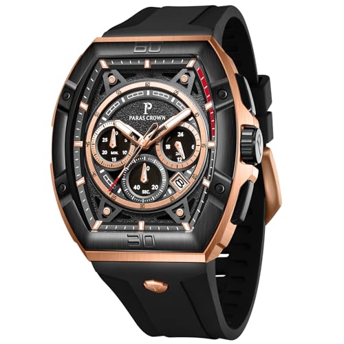 PC PARAS CROWN Uhren Herren mit Japanischem Uhrwerk 5ATM Chronograph Quarzuhr Edelstahl Tonneau-Gehäuse Herren Uhr mit Silikonarmband von PC PARAS CROWN