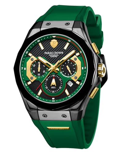 PC PARAS CROWN Uhren Herren mit Japanischem Uhrwerk 5ATM Chronograph Quarzuhr Edelstahl Tonneau-Gehäuse Herren Uhr mit Silikonarmband von PC PARAS CROWN