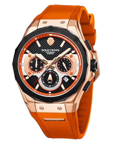 PC PARAS CROWN Uhren Herren mit Japanischem Uhrwerk 5ATM Chronograph Quarzuhr Edelstahl Tonneau-Gehäuse Herren Uhr mit Silikonarmband von PC PARAS CROWN