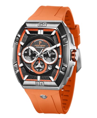 PC PARAS CROWN Uhren Herren mit Japanischem Uhrwerk 5ATM Chronograph Quarzuhr Edelstahl Tonneau-Gehäuse Herren Uhr mit Silikonarmband von PC PARAS CROWN