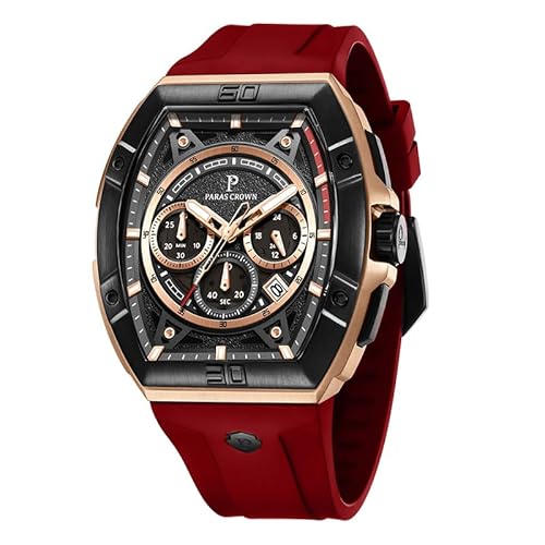 PC PARAS CROWN Uhren Herren mit Japanischem Uhrwerk 5ATM Chronograph Quarzuhr Edelstahl Tonneau-Gehäuse Herren Uhr mit Silikonarmband von PC PARAS CROWN