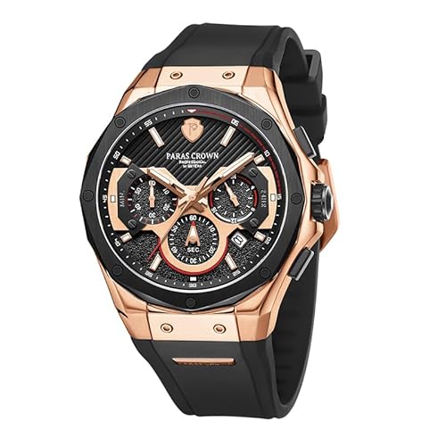 PC PARAS CROWN Uhren Herren mit Japanischem Uhrwerk 5ATM Chronograph Quarzuhr Edelstahl Tonneau-Gehäuse Herren Uhr mit Silikonarmband von PC PARAS CROWN