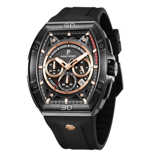 PC PARAS CROWN Uhren Herren mit Japanischem Uhrwerk 5ATM Chronograph Quarzuhr Edelstahl Tonneau-Gehäuse Herren Uhr mit Silikonarmband von PC PARAS CROWN