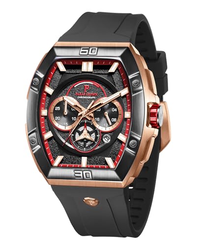 PC PARAS CROWN Uhren Herren mit Japanischem Uhrwerk 5ATM Chronograph Quarzuhr Edelstahl Tonneau-Gehäuse Herren Uhr mit Silikonarmband von PC PARAS CROWN