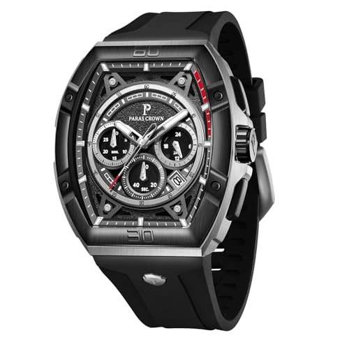 PC PARAS CROWN Uhren Herren mit Japanischem Uhrwerk 5ATM Chronograph Quarzuhr Edelstahl Tonneau-Gehäuse Herren Uhr mit Silikonarmband von PC PARAS CROWN