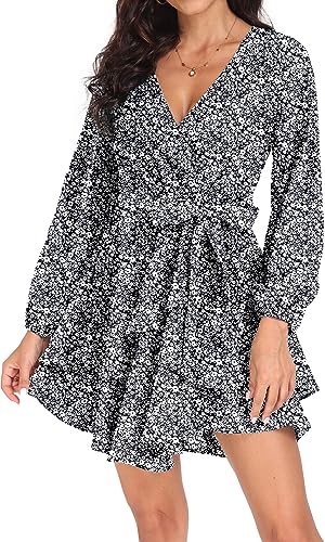 PCEAIIH Damen Cocktailkleider Langarm Empire Skater Kleid Tiefer V-Ausschnitt Taille Krawatte Mini Swing Kleider 2XL Floral Schwarz von PCEAIIH