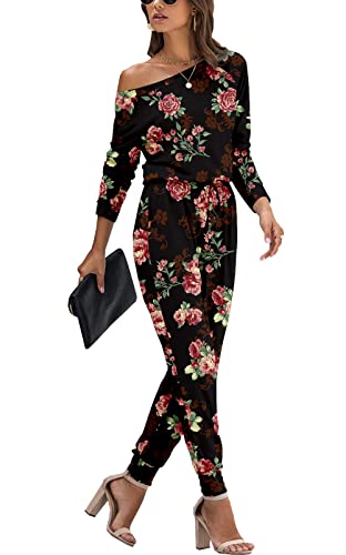 PCEAIIH Damen Jumpsuit Lange Ärmel Elegant Schulterfrei Lose Playsuit Dehnbar Overall Hosenanzug Elastische Taille Romper mit Taschen 2XL Rose Schwarz von PCEAIIH