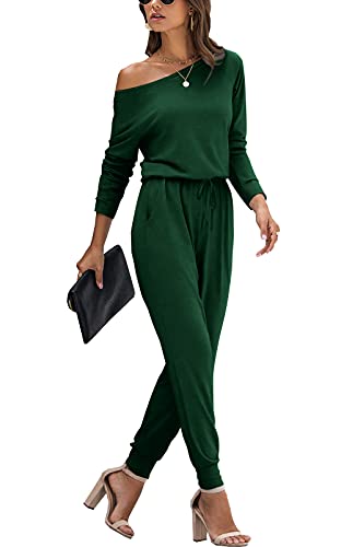 PCEAIIH Damen Jumpsuit Lange Ärmel Elegant Schulterfrei Lose Playsuit Dehnbar Overall Hosenanzug Elastische Taille Romper mit Taschen L Dunkelgrün von PCEAIIH