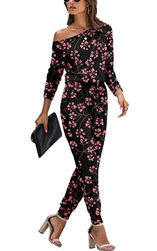 PCEAIIH Damen Jumpsuit Lange Ärmel Elegant Schulterfrei Lose Playsuit Dehnbar Overall Hosenanzug Elastische Taille Romper mit Taschen M Gypsophila Schwarz von PCEAIIH