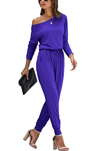 PCEAIIH Damen Jumpsuit Lange Ärmel Elegant Schulterfrei Lose Playsuit Dehnbar Overall Hosenanzug Elastische Taille Romper mit Taschen M Königsblau von PCEAIIH