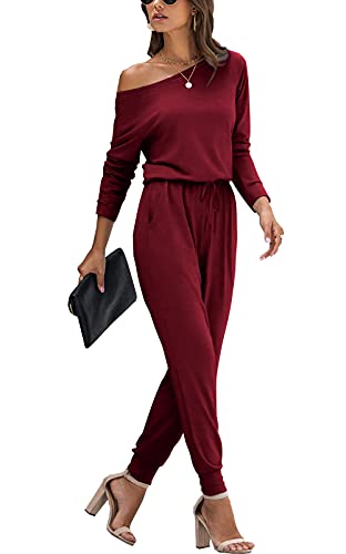 PCEAIIH Damen Jumpsuit Lange Ärmel Elegant Schulterfrei Lose Playsuit Dehnbar Overall Hosenanzug Elastische Taille Romper mit Taschen XL Weinrot von PCEAIIH