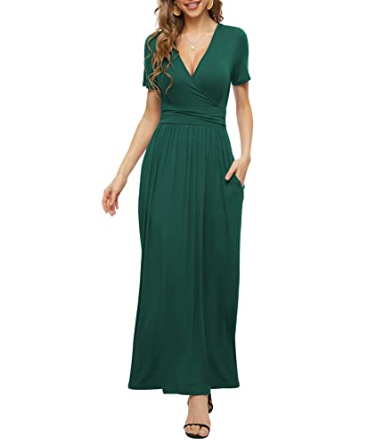 PCEAIIH Damen Kurzarm V-Ausschnitt Kleider Casual Boho Kleid Maxikleid mit Taschen Cocktailkleid Partykleid L Dunkelgrün von PCEAIIH