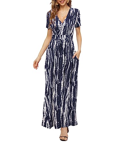 PCEAIIH Damen Kurzarm V-Ausschnitt Kleider Casual Boho Kleid Maxikleid mit Taschen Cocktailkleid Partykleid L Gestreift Weiß von PCEAIIH