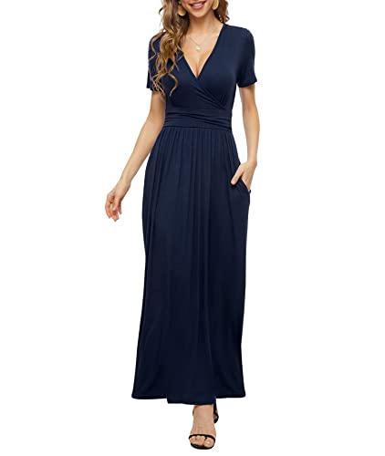 PCEAIIH Damen Kurzarm V-Ausschnitt Kleider Casual Boho Kleid Maxikleid mit Taschen Cocktailkleid Partykleid L Marineblau von PCEAIIH