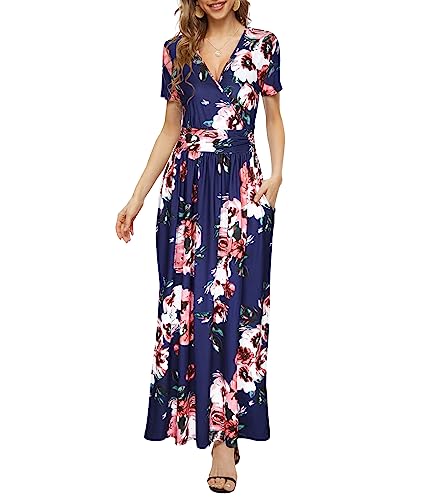 PCEAIIH Damen Kurzarm V-Ausschnitt Kleider Casual Boho Kleid Maxikleid mit Taschen Cocktailkleid Partykleid L Rosa mit Blumen von PCEAIIH