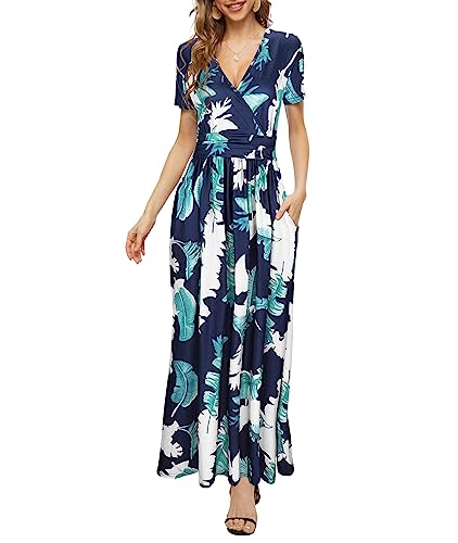 PCEAIIH Damen Kurzarm V-Ausschnitt Kleider Casual Boho Kleid Maxikleid mit Taschen Cocktailkleid Partykleid M Grünes Blatt von PCEAIIH